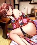  1girl ass bangs bare_shoulders bed_sheet black_panties blurry blurry_background blush brown_hair closed_mouth expressionless eyebrows_visible_through_hair floral_print foot_out_of_frame half-closed_eyes highres higuchi_madoka idolmaster idolmaster_shiny_colors indoors japanese_clothes kimono kobamiso_(kobalt) lace-trimmed_panties lace_trim long_sleeves looking_at_viewer off_shoulder on_bed panties panty_pull purple_eyes pussy_juice short_hair sitting solo swept_bangs tatami tiger_stripes two-tone_panties underwear wide_sleeves yellow_panties 