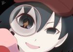  1boy 1girl ahoge araragi_koyomi bangs black_eyes black_hair black_shirt commentary_request dated hair_between_eyes hair_over_one_eye hat holding holding_magnifying_glass huumoon long_hair looking_at_viewer magnifying_glass monogatari_(series) open_mouth oshino_ougi red_headwear shirt short_hair signature sleeves_past_fingers sleeves_past_wrists smile 