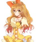  1girl alternate_hair_length alternate_hairstyle bag bow breasts brown_hair choker collarbone corset cure_pine dress earrings fresh_precure! frills hair_bow hair_down hair_ornament haru_(nature_life) heart heart_earrings heart_hair_ornament jewelry long_hair looking_at_viewer medium_breasts older orange_bow orange_choker precure short_sleeves simple_background solo white_background wrist_cuffs yamabuki_inori yellow_dress yellow_eyes 