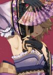  1girl absurdres animal_ears arm_up armpit_focus armpits bangs black_gloves blonde_hair blue_eyes breasts cleavage_cutout clothing_cutout commentary_request detached_sleeves folding_fan frilled_kimono frilled_sleeves frills gloves gold_city_(umamusume) hand_fan highres holding holding_fan horse_ears horse_girl japanese_clothes jugemu_(qqkyon) kimono long_hair looking_down obi official_alternate_costume parted_lips purple_kimono purple_sleeves red_background sash sidelocks simple_background sleeveless sleeveless_kimono small_breasts solo standing swept_bangs umamusume upper_body 