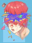  1boy bandaid bandaid_on_nose blue_background colored_sclera commentary cropped_head english_commentary flag fukase male_focus misu_(stepforme) portrait red_eyes red_hair red_sclera scar scar_on_face solo split_head vocaloid wide-eyed x 