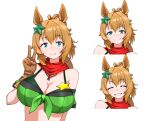  1girl ^_^ animal_ears bandana bangs bare_shoulders bikini bikini_under_clothes blue_eyes breasts brown_gloves brown_hair cleavage closed_eyes eyebrows_visible_through_hair front-tie_top gloves green_shirt grin hair_ornament hand_up horse_ears large_breasts looking_at_viewer midriff multiple_views now-in-talowworld off-shoulder_shirt off_shoulder shirt short_hair short_sleeves simple_background smile star_(symbol) star_hair_ornament swimsuit taiki_shuttle_(umamusume) umamusume upper_body v white_background 