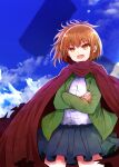  1girl arano_oki asahina_samidare black_skirt blue_sky brown_eyes brown_hair cape cloud cowboy_shot crossed_arms hoshi_no_samidare jacket long_sleeves miniskirt open_clothes open_jacket pleated_skirt ponytail red_cape red_jacket shirt skirt sky solo standing white_shirt 