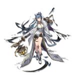  arknights bandaged_arm bandages black_shorts blue_eyes blue_hair boots breasts coat dragon_girl dragon_horns dragon_tail grin highres horns large_breasts ling_(arknights) long_hair necktie official_art pointy_ears short_shorts shorts smile staff tail very_long_hair white_coat xiayehongming 