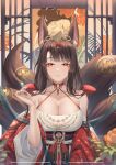  1girl akagi_(azur_lane) animal_ear_fluff animal_ears artist_name azur_lane bare_shoulders breasts brown_hair chinese_clothes chinese_commentary choker cleavage closed_mouth collarbone commentary_request fox_ears fox_tail halterneck hanfu hanging_scroll headpiece highres jewelry kyuubi large_breasts looking_at_viewer multiple_tails nail_polish o-ring o-ring_choker official_alternate_costume red_eyes red_nails scroll sking sliding_doors smile solo tail upper_body wide_sleeves 