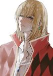  1boy blonde_hair blue_eyes closed_mouth earrings gem hair_between_eyes highres howl_(howl_no_ugoku_shiro) howl_no_ugoku_shiro jewelry long_hair male_focus necklace noroma02 simple_background solo upper_body white_background 