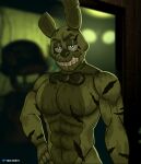  2022 absurd_res animatronic anthro bedroom_eyes biped blurred_background bow_tie digital_media_(artwork) eyebrows five_nights_at_freddy&#039;s five_nights_at_freddy&#039;s_3 fur fur_tuft glowing glowing_eyes green_body green_fur half-closed_eyes hand_on_hip hi_res human humanoid lagomorph leporid looking_at_viewer machine male mammal muscular muscular_male narrowed_eyes notched_ear rabbit robot scottgames seductive shaded smile solo springtrap_(fnaf) standing teeth tuft undead vaalgarth video_games white_eyes william_afton_(fnaf) 