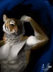  abs absurd_res felid feline hi_res mammal mroleoso muscular pantherine pecs shirtless solo standing study tiger 