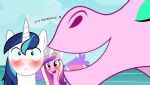  &lt;3 absurd_res aria_blaze_(eg) badumsquish blue_eyes blue_hair blush dialogue english_text equestria_girls equid equine eyeshadow fangs friendship_is_magic green_eyeshadow hair hasbro hi_res horn makeup mammal my_little_pony princess_cadance_(mlp) shining_armor_(mlp) siren text unicorn wing_boner winged_unicorn wings 