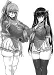  2girls asanagi breasts fang greyscale grin hair_ribbon highres huge_breasts monochrome multiple_girls original ponytail ribbon school_uniform skindentation smile thick_thighs thighhighs thighs twintails white_background 