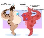  2021 3_toes 4_breasts 5_fingers absurd_res anthro areola big_breasts bovid bovine breasts cattle dialogue digital_media_(artwork) duo eyes_closed feet female fingers fur hand_on_chest hands_on_belly hi_res huge_breasts hybrid kangaroo kiwi_(mamakiwii) kobold kowbold macropod mamakiwii mammal marsupial milk_leaking motherly multi_breast navel pregnant pregnant_female red_body red_scales scales simple_background spots tan_body tan_fur teats toes udders yellow_eyes zed_(scales) 