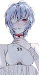  1girl armpit_crease ayanami_rei bandage_over_one_eye bandaged_arm bandages bare_shoulders blue_hair cast grey_pupils hair_between_eyes highres neon_genesis_evangelion noroma02 parted_lips red_eyes short_hair simple_background solo turtleneck upper_body white_background 