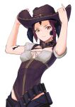  1girl absurdres arms_up breasts brown_hair brown_headwear brown_leotard character_request cleavage closed_mouth cowboy_hat final_fantasy hat highres leotard looking_at_viewer miyamoya short_hair short_sleeves simple_background small_breasts solo white_background yellow_eyes 
