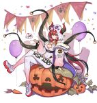  1girl absurdres balloon bodysuit breasts carrot cleavage cleavage_cutout clothing_cutout confetti full_body fur_trim hand_up hellk111 highres horns long_hair medium_breasts on_pumpkin original pumpkin purple_eyes red_hair shoes simple_background sitting solo white_background 