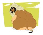  2022 belly big_belly big_butt butt cloud felid feral hanor hi_res lion looking_at_viewer male mammal mane obese obese_feral obese_male outside overweight overweight_feral overweight_male pantherine reagan700 rear_view sitting smile smug solo yellow_eyes 