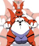  2013 a-side anthro bandai_namco belly bulge chubby_anthro chubby_male claws clothing digimon digimon_(species) fangs front_view guilmon head_wings holding_clothing holding_object male monochrome one_eye_closed purple_clothing purple_thong purple_underwear raised_tail red_and_white slightly_chubby solo thong tongue tongue_out underwear wings wink 