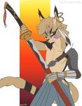  anthro anthrofied armor clothed clothing domestic_cat ear_piercing ear_ring facial_markings felid feline felis head_markings hi_res katana ko-fi longtail_(warriors) looking_at_viewer mafty_(artist) male mammal markings melee_weapon piercing solo sword warriors_(cats) weapon 