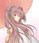  1girl blush brown_eyes brown_hair closed_mouth eyebrows_visible_through_hair hair_between_eyes highres holding holding_umbrella icesherbet japanese_clothes kantai_collection kimono long_hair long_sleeves oil-paper_umbrella one-hour_drawing_challenge petals ponytail red_umbrella smile solo twitter_username umbrella white_kimono wide_sleeves yamato_(kancolle) 
