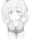  1girl black_hairband breasts cleavage commentary_request eyebrows_visible_through_hair greyscale hairband hands_on_hips henyaan_(oreizm) highres higurashi_no_naku_koro_ni houjou_satoko leaning_forward looking_at_viewer monochrome short_hair short_shorts shorts solo sweat sweatdrop 