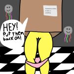  anthro assisted_exposure bottomwear bottomwear_pull checkered_floor chica_(fnaf) clothing clothing_pull embarrassed female five_nights_at_freddy&#039;s hi_res scottgames solo video_games yellow_body 