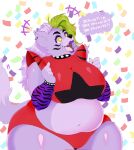  2022 4_fingers alternate_species anthro arm_warmers armwear belly big_breasts black_markings bracelet breasts canid canine canis clothing collar confetti crop_top curvy_figure dialogue ear_piercing ear_ring ecto_ghouler english_text exited female fingers five_nights_at_freddy&#039;s five_nights_at_freddy&#039;s:_security_breach fur furrification green_hair green_highlights hair hi_res highlights_(coloring) huge_breasts jewelry lips lipstick makeup mammal markings morbidly_obese morbidly_obese_anthro morbidly_obese_female multicolored_hair navel obese obese_anthro obese_female open_mouth overweight overweight_anthro overweight_female panties piercing purple_body purple_fur purple_hair purple_lips red_clothing red_crop_top red_panties red_topwear red_underwear rocker roxanne_wolf_(fnaf) scottgames shirt shoulder_pads simple_background solo speech_bubble spiked_bracelet spiked_collar spikes steel_wool_studios text thick_thighs topwear two_tone_hair underwear video_games voluptuous white_background wide_hips wolf yellow_eyes 