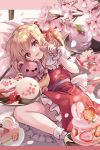  1girl :3 :o ascot back_bow bangs blonde_hair blush bow branch collarbone commentary_request eyelashes falling_petals feet_out_of_frame flandre_scarlet food frilled_shirt_collar frilled_skirt frills highres holding holding_food kure~pu lying macaron no_hat no_headwear on_bed on_side one_side_up open_mouth petals plate puffy_short_sleeves puffy_sleeves red_eyes red_skirt red_vest sash short_hair short_sleeves short_socks skirt solo strawberry_shortcake stuffed_animal stuffed_toy teddy_bear touhou tray vest white_legwear white_sash wings wrist_cuffs yellow_ascot 