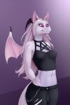  anthro black_horn blue_body breasts chiropteran clothed clothing cute_fangs dragon ear_piercing gynomorph hair hi_res horn howling-strawberries hybrid intersex long_hair looking_down mammal markings membrane_(anatomy) membranous_wings piercing purple_eyes purple_markings simple_background small_breasts snout solo strawberries_(character) white_body white_hair wings 