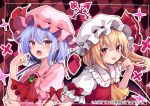  2girls :d :p arm_up bangs bat_wings blonde_hair blush bow brooch checkered_background collarbone commentary_request crystal dress emerald_(gemstone) eyelashes fang flandre_scarlet flat_chest frilled_shirt_collar frills hair_between_eyes hat jewelry kure~pu laevatein_(touhou) light_blue_hair looking_at_viewer mob_cap multiple_girls one_side_up open_mouth pink_dress puffy_short_sleeves puffy_sleeves red_bow red_eyes red_ribbon red_vest remilia_scarlet ribbon short_hair short_sleeves siblings side_ponytail sidelocks sisters skin_fang smile spear_the_gungnir standing teasing tongue tongue_out touhou upper_body vest white_headwear wings 