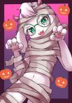 2_horns 4_fingers absurd_res anthro bandage blush bovid caprine deltarune eyewear fangs fingers food fruit fur glasses goat halloween hi_res holidays horn looking_at_viewer male mammal midriff mummy_costume navel open_mouth pawpads plant pumpkin ralsei simple_background solo susu_(artist) undertale_(series) video_games white_body white_fur 