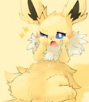  ambiguous_gender anus blue_eyes blush bodily_fluids colored drooling eeveelution embarrassed feral fluffy fur jolteon lighting_bolt long_ears lying netchy_boo nintendo on_back open_mouth paws pok&eacute;mon pok&eacute;mon_(species) saliva simple_background solo sweat video_games yellow_body yellow_fur 