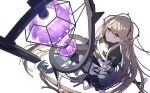  1girl arknights bangs brown_hair commentary_request hair_ornament highres indigo_(arknights) infection_monitor_(arknights) long_hair looking_up parted_lips purple_eyes shrug_(clothing) simple_background snake_tail solo staff tail tngn96 very_long_hair white_background 