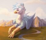  ambiguous_gender avian claws digital_media_(artwork) eyebrows feathered_wings feathers feral gryphon inarimayer mythological_avian mythology signature smile solo white_body white_feathers wings yellow_eyes 