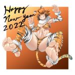  1girl 2022 abs animal_ears animal_print arm_warmers bangs barefoot bikini black_hair breasts chinese_zodiac claw_pose commentary eiji_(eiji) english_text eyebrows_visible_through_hair fang feet fur_scarf gradient_hair grin happy_new_year highres jumping looking_at_viewer medium_breasts multicolored_hair new_year orange_background orange_bikini orange_hair orange_legwear original outside_border print_bikini print_legwear short_hair smile soles solo swimsuit tail thighhighs tiger_ears tiger_girl tiger_print tiger_tail toeless_legwear toes year_of_the_tiger 