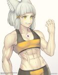  1girl abs animal_ears artist_name bangs blunt_bangs bow cat_ears cat_girl character_request collarbone copyright_request gofelem grey_hair hair_bow highres muscular muscular_female navel parted_lips slit_pupils solo teeth twitter_username watermark yellow_eyes 