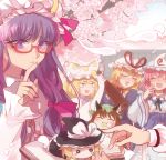  6+girls :3 :d alice_margatroid animal_ear_fluff animal_ears arm_up bangs black_headwear blonde_hair blue_kimono blue_ribbon blush book bottle bow branch cat_ears chen cherry_blossoms chibi choker closed_eyes closed_mouth commentary_request crescent crescent_hat_ornament dress earrings eating falling_petals fingernails food_in_mouth fox_tail green_headwear hair_ribbon hanami happy hat hat_bow hat_ornament hat_ribbon hitodama holding holding_book holding_bottle japanese_clothes jewelry kerok_(joniko1110) kimono kirisame_marisa kitsune laughing leaning_on_person long_hair long_sleeves mob_cap multiple_girls multiple_tails obi open_mouth party patchouli_knowledge petals pillow_hat pink_dress pink_hair pink_headwear puffy_sleeves purple_eyes purple_hair red_bow red_choker red_ribbon ribbon ribbon_choker rimless_eyewear saigyouji_yuyuko sash short_hair sidelocks single_earring smile solid_circle_eyes standing sweatdrop tail touhou tress_ribbon white_bow white_ribbon wine_bottle witch_hat yakumo_ran yakumo_yukari yellow_eyes 