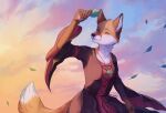  anthro canid canine cloud emerald_(gem) female fox gem gown green_eyes hi_res leaf mammal one_eye_closed oooopo pendant silva_vernalis sky smile solo story story_in_description summer wind 