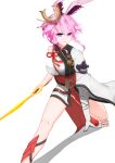  1girl absurdres animal_ears armor bangs closed_mouth fox_ears gloves hair_ornament highres holding holding_sword holding_weapon honkai_(series) honkai_impact_3rd japanese_armor japanese_clothes katana kimono looking_at_viewer pink_hair purple_eyes shadow simple_background single_glove solo sword tiankong_pie_ai weapon white_background white_gloves white_kimono yae_sakura yae_sakura_(flame_sakitama) 