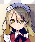  1girl bangs black_ribbon blonde_hair closed_mouth collared_dress eyebrows_visible_through_hair eyelashes face frills long_hair maid ribbon sea_scorpion_(umisasori) smile touhou touhou_(pc-98) yellow_eyes yumeko_(touhou) 