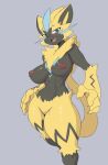  anthro areola big_breasts breasts cooliehigh featureless_crotch female fur hi_res legendary_pok&eacute;mon lucario nintendo nipples open_mouth open_smile pok&eacute;mon pok&eacute;mon_(species) simple_background smile solo video_games yellow_body yellow_fur zeraora 