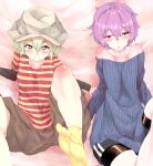  2girls absurdres collarbone green_eyes green_hair hat highres komeiji_koishi komeiji_satori long_sleeves looking_at_viewer multiple_girls on_bed pink_eyes pink_hair short_hair short_sleeves shorts smile sunnysideup touhou yellow_legwear 