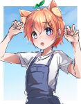  1boy absurdres androgynous animal_ears blue_eyes blush cat_ears freckles highres kana616 leaf leaf_on_head orange_hair overalls pale_skin pink_hair plant shota_(vtuber) shota_channel virtual_youtuber 