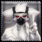  4_fingers anthro biped biyabon blurred_background bust_portrait canid canine changed_(video_game) chest_tuft claws clothed clothing coat detailed_background digital_media_(artwork) dr._k_(changed) english_text finger_claws fingers fluffy fluffy_chest fluffy_ears front_view fur gas_mask gesture head_tuft hi_res humanoid_hands inside kemono lab_coat looking_at_viewer male mammal mask monotone_body monotone_ears monotone_fur pawpads pink_pawpads portrait red_eyes sharp_claws solo standing text topwear tuft white_body white_claws white_clothing white_ears white_fur white_topwear 