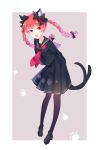  1girl :d alternate_costume animal_ear_fluff animal_ears arms_behind_back bangs black_footwear black_legwear black_serafuku blunt_bangs blush braid cat_ears cat_tail eyelashes hair_ribbon highres kaenbyou_rin long_hair long_sleeves looking_at_viewer one-hour_drawing_challenge open_mouth outside_border paw_print paw_print_background pleated_skirt purple_background red_eyes red_hair ribbon sailor_collar school_uniform serafuku shinketsu_kanyu shiny shiny_hair skirt smile solo standing tail touhou tress_ribbon twin_braids 