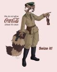  absurd_res anthro belt beverage black_boots black_clothing black_footwear boots brown_body brown_clothing brown_fur clothing coca-cola communism female footwear fur green_clothing green_hat green_headwear gun handgun hat headgear headwear hi_res holding_beverage holding_object holding_weapon holster lying mammal military_uniform necktie on_front ossetian_flag pistol pistol_holster politics procyonid raccoon ranged_weapon russian ryai_(character) solo soviet_union text toffee_32 uniform weapon white_body white_fur yellow_eyes 
