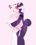  &lt;3 absurd_res anthro bed canid canine clothing cuddling duo embrace female fur furniture hair hi_res hug legwear legwear_only male male/female mammal max_draws mostly_nude nude pink_body pink_fur purple_body purple_fur stockings stockings_only white_hair wings 