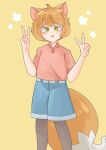  1girl absurdres animal_ears black_legwear blue_shorts blush brown_hair double_v eyebrows_visible_through_hair feet_out_of_frame fox_ears fox_girl fox_tail goose_g3 green_eyes highres looking_at_viewer open_mouth pink_shirt ruoshui_(the_legend_of_luoxiaohei) shirt short_hair short_sleeves shorts simple_background smile solo tail the_legend_of_luo_xiaohei v yellow_background 