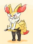  ambiguous_gender angry anthro blush braixen clenched_teeth colored dipstick_tail feral fluffy fur hi_res markings netchy_boo nintendo pok&eacute;mon pok&eacute;mon_(species) red_body red_fur simple_background solo stick tail_markings teeth video_games white_body white_fur yellow_body yellow_fur 