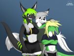  annoyed anthro arm_around_shoulders blonde_hair bottomwear bra breasts brown_eyes canid canine clothed clothing covered_breasts crossed_arms dragon dreik_(drakeraynier) feathered_wings feathers female fox fur fur_markings furred_dragon giru_(artist) green_body green_eyes green_fur green_hair grey_body grey_fur group hair hand_on_breast hand_on_head happy juanvi larger_female male male/female mammal markings shorts size_difference smaller_female smile sports_bra underwear white_body white_fur wings yuri_(giru) 