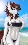  2022 anthro beach breasts canid canine clothed clothing female gris_swimsuit hi_res looking_at_viewer mammal meme meme_clothing one-piece_swimsuit seaside smile snowiezegreight solo swimwear translucent translucent_clothing translucent_swimwear 