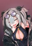  1girl absurdres animal_ears arknights bangs black_dress black_hair breasts china_dress chinese_clothes cleavage cleavage_cutout clothing_cutout dress eyewear_on_head fang feater_(arknights) gomio_(bb-k) grey_hair hair_between_eyes highres jacket large_breasts long_hair multicolored_hair open_clothes open_jacket open_mouth orange_eyes panda_ears panda_girl red_background round_eyewear simple_background solo streaked_hair two_side_up 